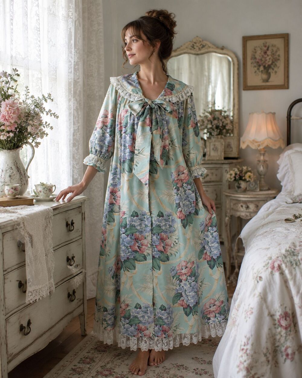 Vintage 80s Komar Floral Maxi Robe Housecoat Lace Cottagecore Victorian USA Sz S